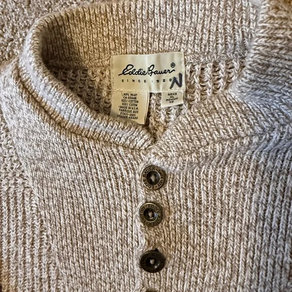 Vintage Eddie Bauer Men's Heather Beige Crewneck Henley Sweater - Picture 2 of 4